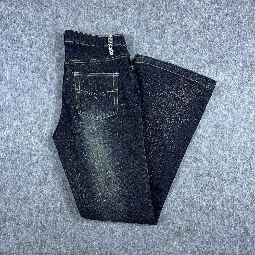 Vtg Lazer Jeans Women's Flared Leg Dark Wash Glitter Denim Mid-Rise Y2K Size 9